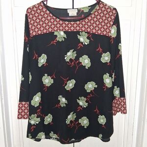 Van Heusen Black Silky Blouse with Green Floral Pattern